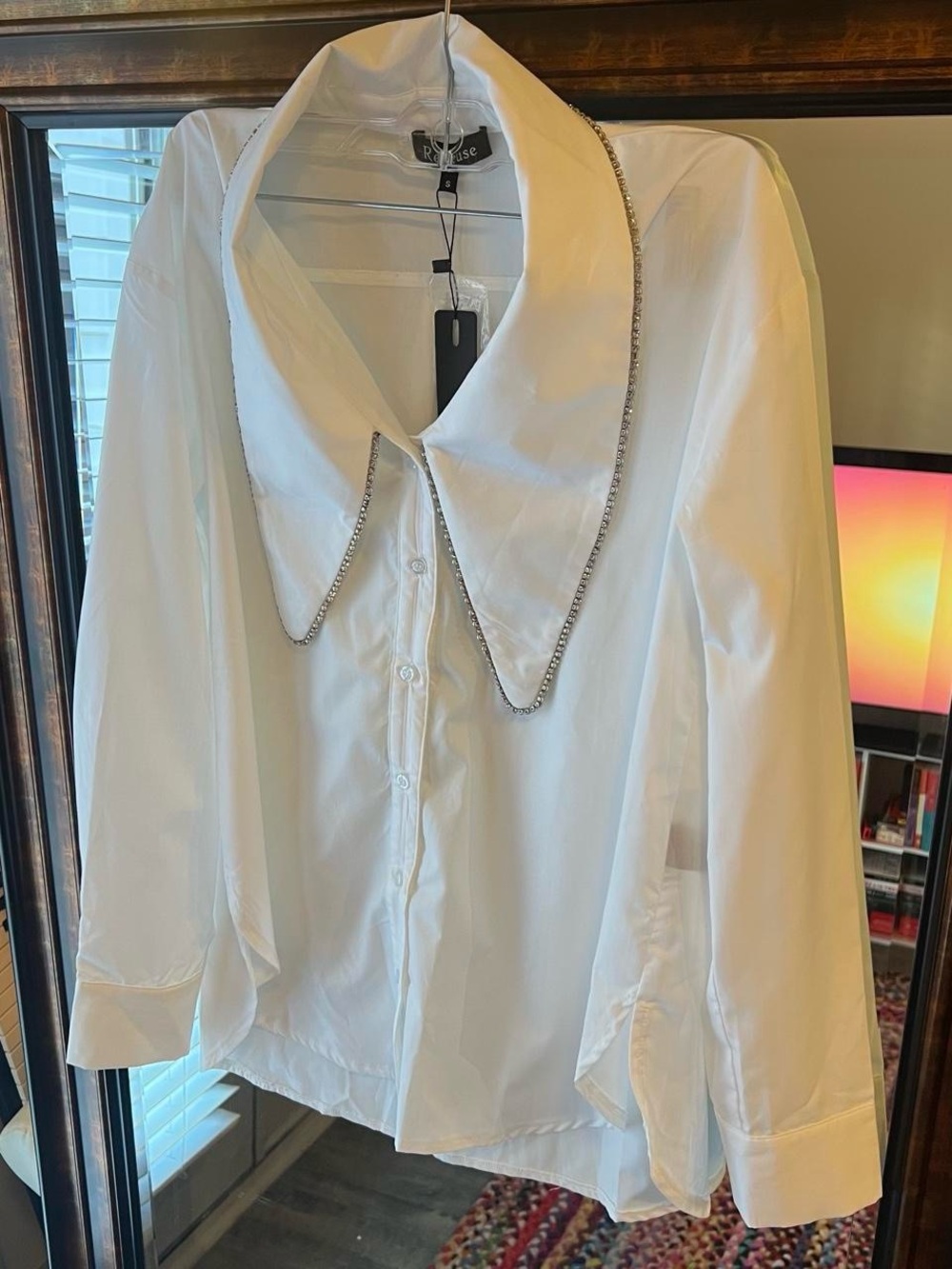 Oversize rhinestone and pearl collar white button down blouse, cotton blend, NWT